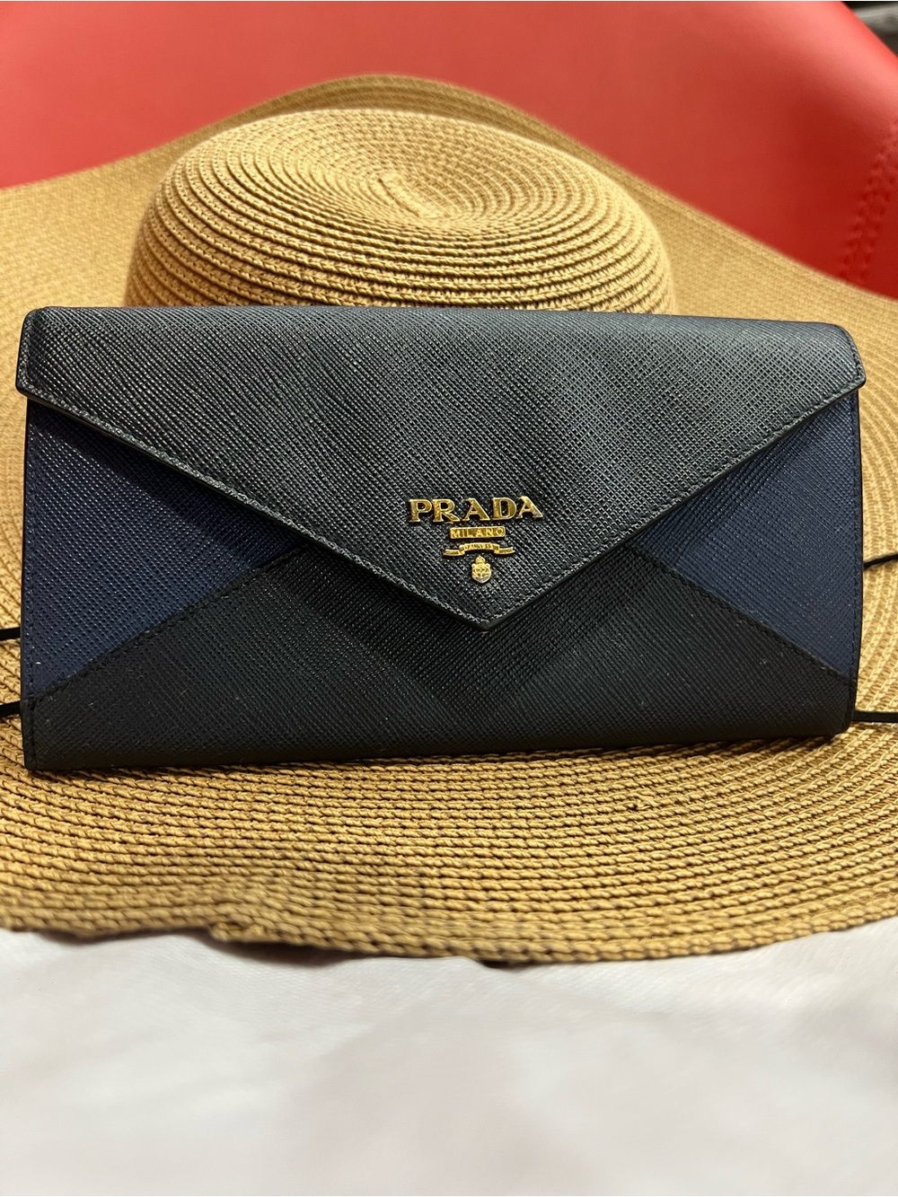 Prada Black and Navy Saffiano Envelope Card Holder with Gold Logo